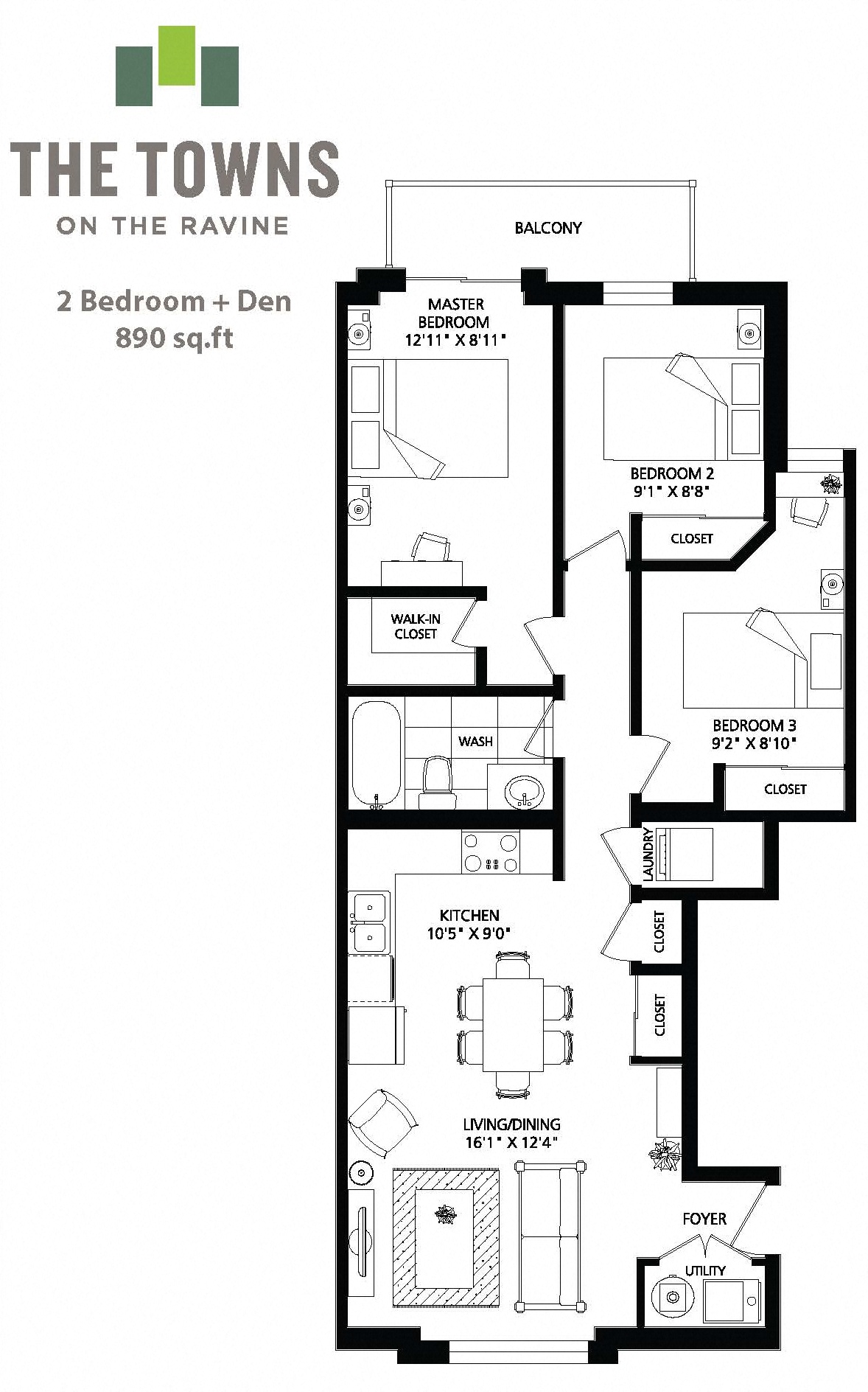 Floor plan for 3 beds, 1 bath, 890 sqft